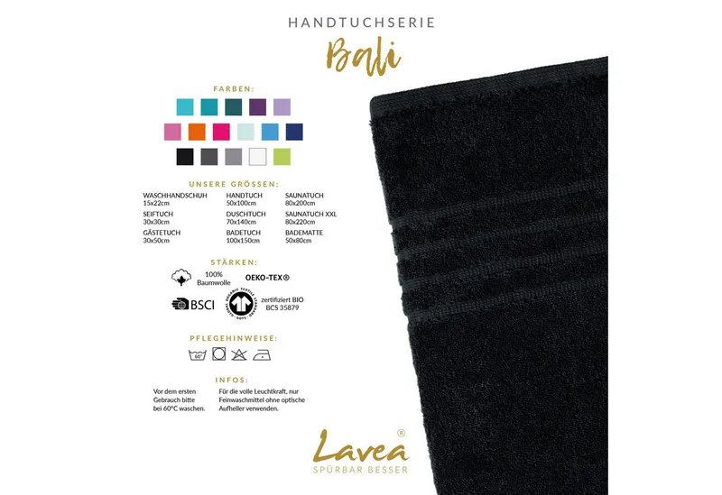 Lavea Badetuch Bali Duschtuch 100x150 cm Duschtuch 70x140 cm, Weiches Bio-Baumwollfrottee (1-St), Handtuch, GOTS-zertifiziert, extra saugstark mit 500g/m², Schwarz, – Produktbild 3 von 5