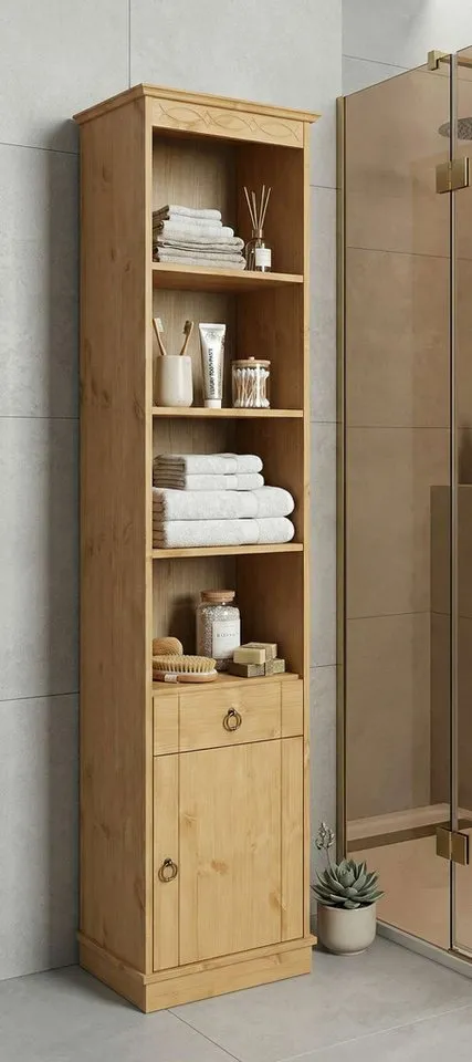 OTTO home Hochschrank Indra, Badschrank, Badmöbel, Badezimmerschrank (B/T/H: 46/32/186 cm) aus massiver Kiefer, mit Schublade, FSC®-zertifiziert, Beige, – Produktbild 3 von 4