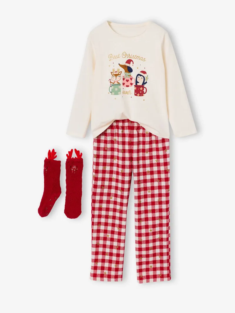 Vertbaudet Vertbaudet Kinder Weihnachts-Schlafanzug mit Socken, Wollweiß, – Produktbild 3 von 4