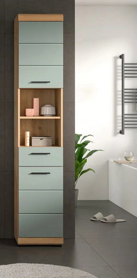 Inn.Furn Hochschrank Shawn (Badschrank in Salbei und Artisan Eiche, 2-türig, 37 x 191 cm) 6 Fächer, mit Vollauszug, Beige, – Produktbild 4 von 5