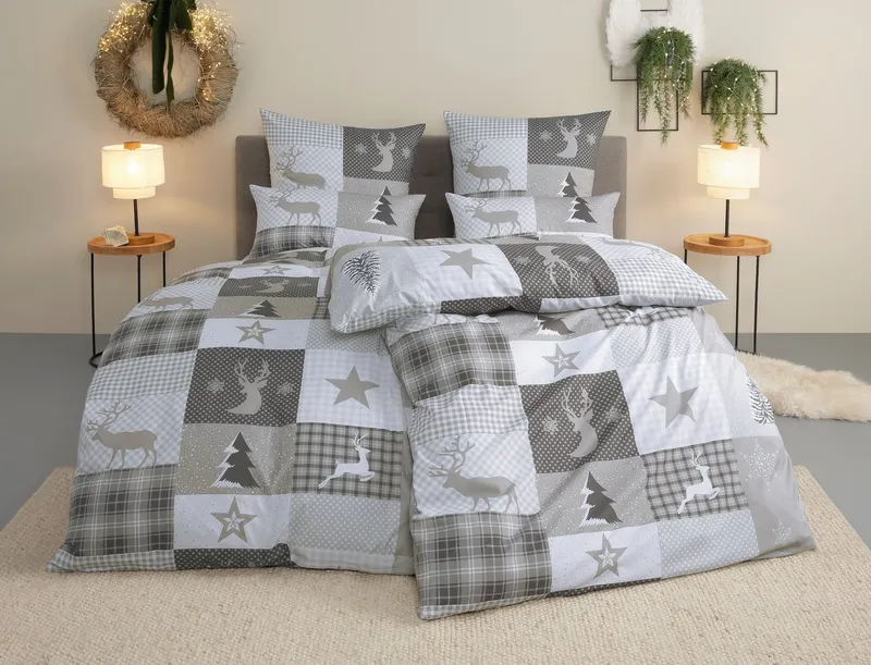 OTTO home Bettwäsche Nicholas, Microfaser, 2 teilig, Weihnachtsbettwäsche, Winter, in 3 Qualitäten verfügbar, Grau, – Produktbild 1 von 5