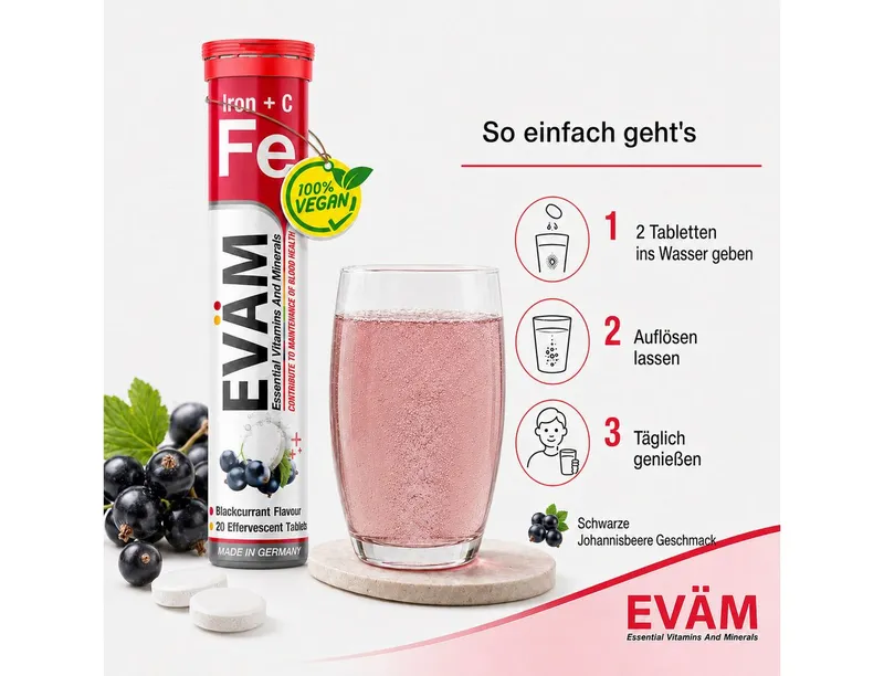 EVÄM Eisen + Vitamin C mit schwarze Johannisbeeren, vegan Brausetabletten, 1 er Rörchen à 20 St., 82 g – Produktbild 3 von 4