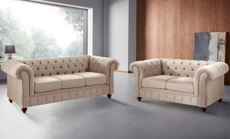 OTTO home Sitzgruppe Chesterfield, (2-tlg), hochwertige Knopfheftung, bestehend aus 2- und 3-Sitzer, Beige, – Produktbild 3 von 5
