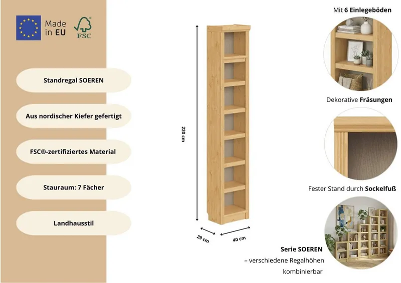 OTTO home Bücherregal Soeren Regal B/T/H: 40/29/220 cm, Kiefer FSC®-zertifiziert, 7 Fächer und 6 Einlegeböden, Beige, – Produktbild 1 von 5