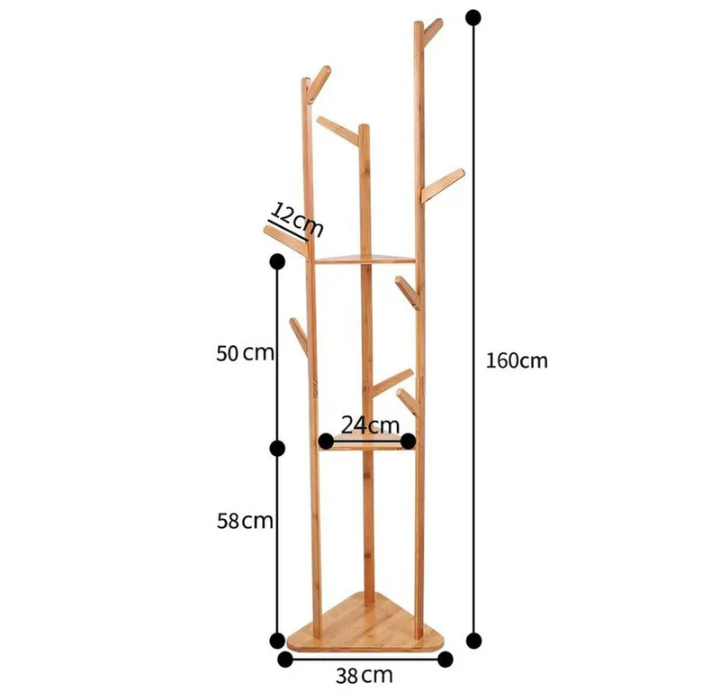 JEOBEST Garderobenständer Bambus Kleiderständer in Baumform mit 9 Haken, 3 Ebenen, Freistehender Kleiderständer für Kleidung Hüte Tasche, Beige, – Produktbild 5 von 5