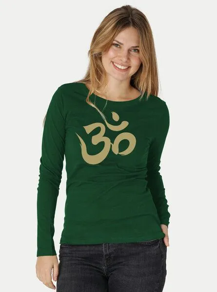 Peaces.bio - handbedruckte Biomode Peaces.bio - handbedruckte Biomode Bio-Damen-Langarmshirt "OM", Flaschengrün, – Produktbild 2 von 3