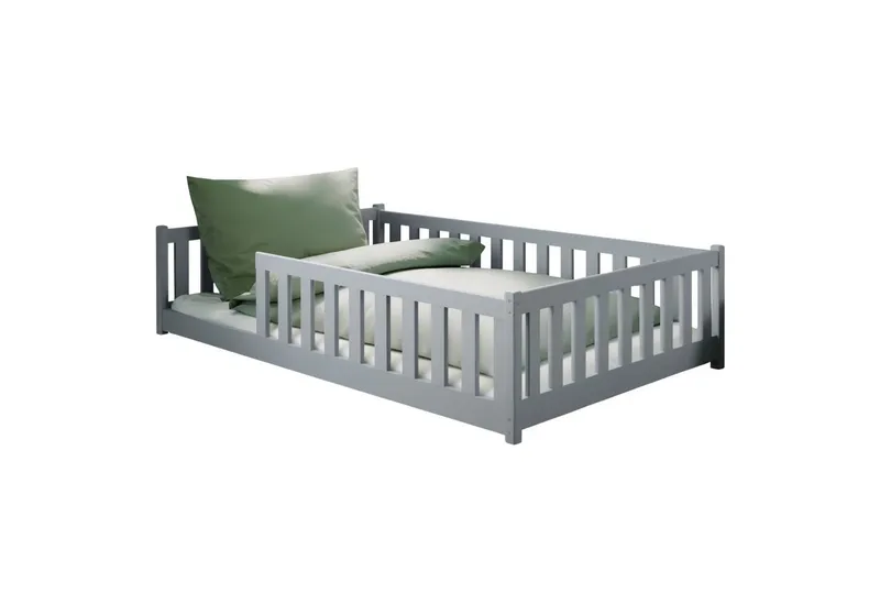Kids Collective Kinderbett Bodenbett Bett mit Rausfallschutz & Lattenrost Montessori Bett Kinder (Jungen, Mädchen, Kinder, weitere Größen 80x160, 80x180, 90x190, 90x200, 140x200 cm), Jugendbett Gitterbett Einzelbett, Aschgrau Kiefer 120x200 cm, Grau, – Produktbild 3 von 5