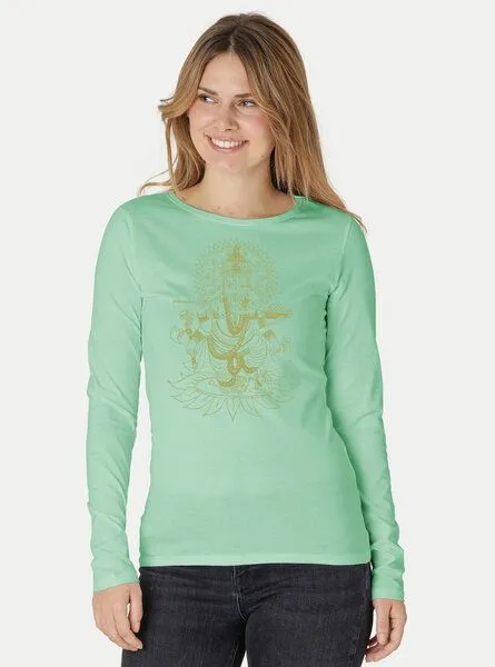 Peaces.bio - handbedruckte Biomode Peaces.bio - handbedruckte Biomode Bio-Damen-Langarmshirt Ganesha, Mint, – Produktbild 1 von 2