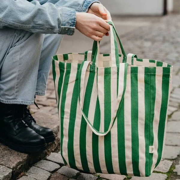 OMOM OMOM Einkaufstasche Strandtasche Tragetasche aus Bio-Baumwolle gestreift, Grün, – Produktbild 1 von 2