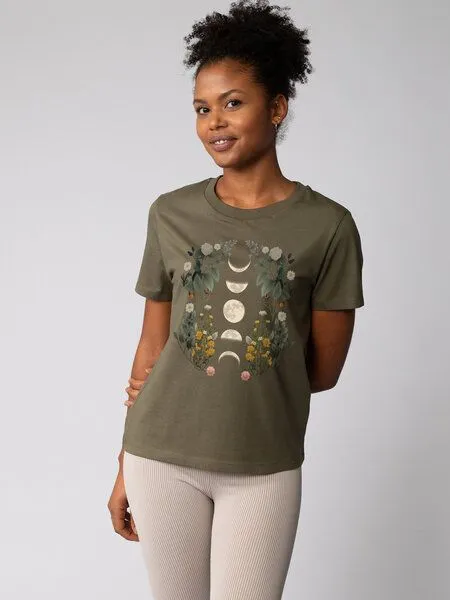 watapparel watapparel T-Shirt Frauen Moonphases & Flowers, Khaki, – Produktbild 1 von 3