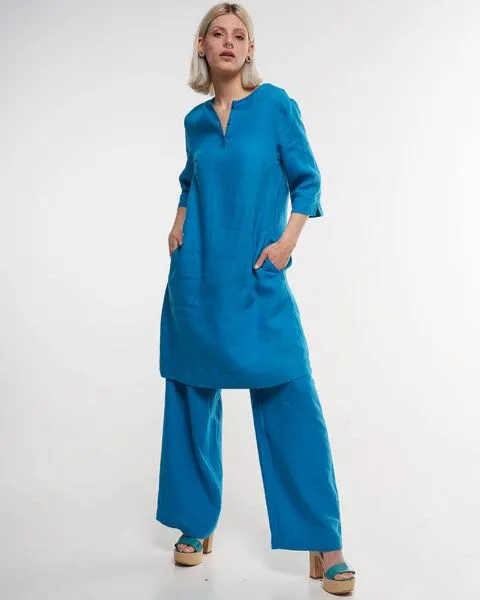 Alma & Lovis Alma & Lovis Legeres Tunika-Kleid mit Knopfleiste aus reinem Leinen | Leinen Kleid, Orient blue (blau), – Produktbild 3 von 4