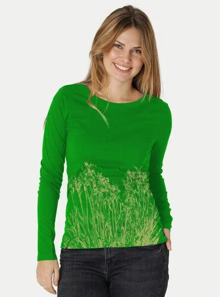Peaces.bio - handbedruckte Biomode Peaces.bio - handbedruckte Biomode Langarmshirt Damen Mystic Iris, Grün, – Produktbild 2 von 2