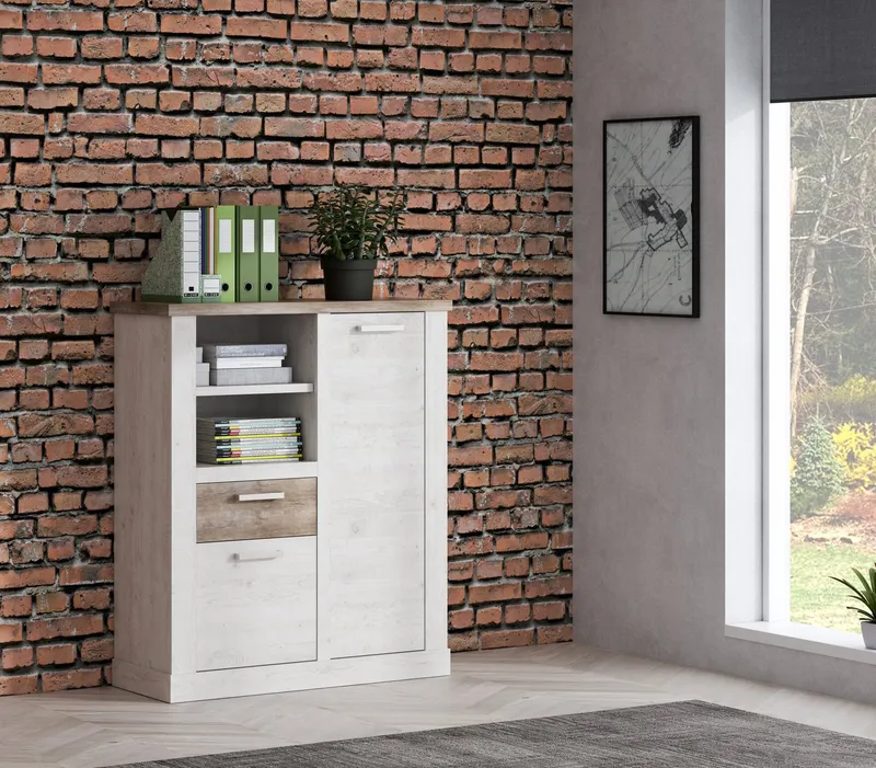 FORTE Highboard Duro, Mehrzweckschrank mit Türen & Schublade, Landhausstil, Breite 109,8 cm, Weiß, – Produktbild 1 von 5