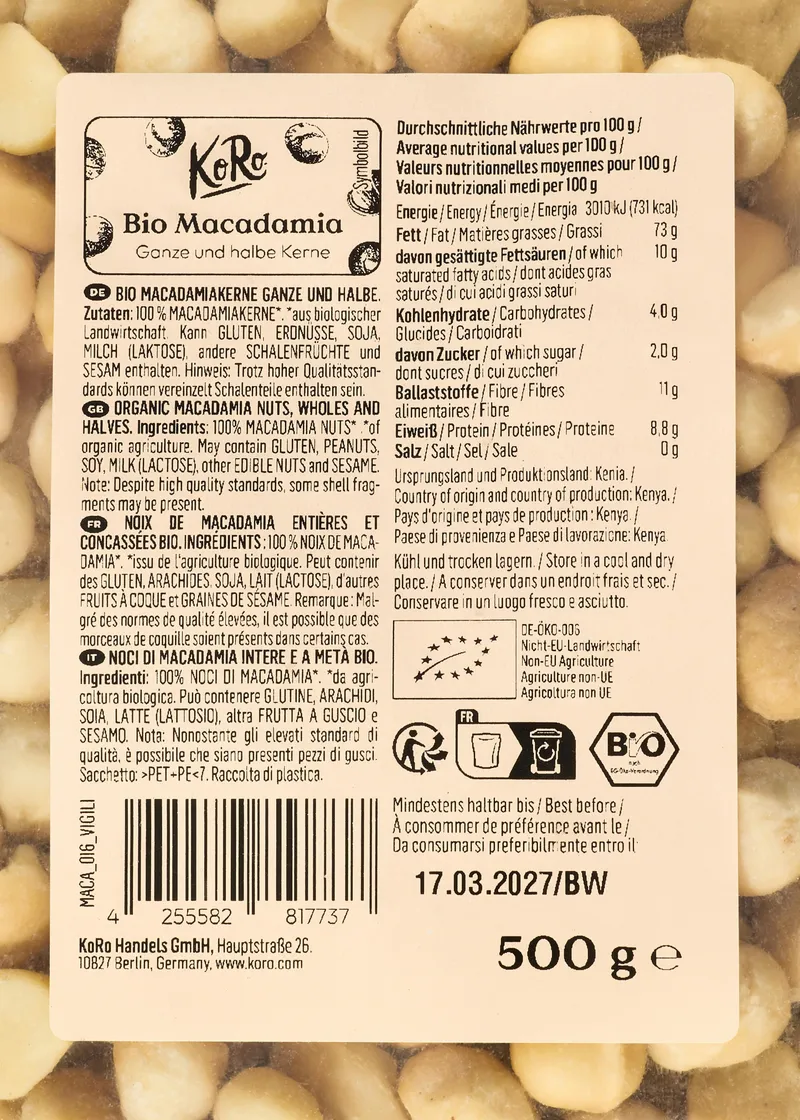 KoRo Ganze und halbe Bio Macadamiakerne | 500 g – Produktbild 5 von 5