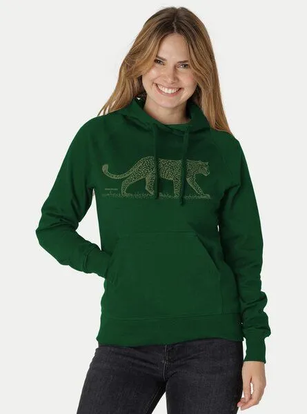 Peaces.bio - handbedruckte Biomode Peaces.bio - handbedruckte Biomode Bio-Damen-Kapuzensweater Leopard, Flaschengrün, – Produktbild 1 von 1