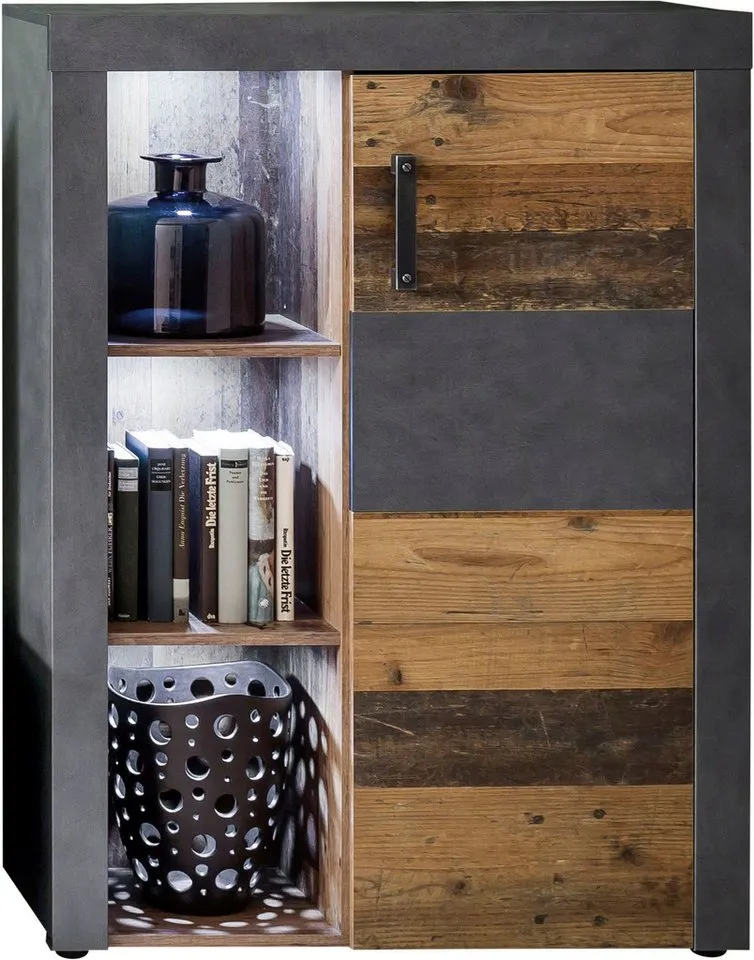 Home affaire Highboard Ilana, Stauraumschrank mit 1 Tür & 3 Fächern - (B/T/H) 87/34/118 cm, Grau, – Produktbild 3 von 5