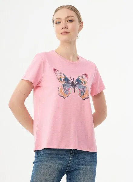 ORGANICATION ORGANICATION T-Shirt aus Bio-Baumwolle mit Schmetterlings-Print, Carnation pink, – Produktbild 3 von 4