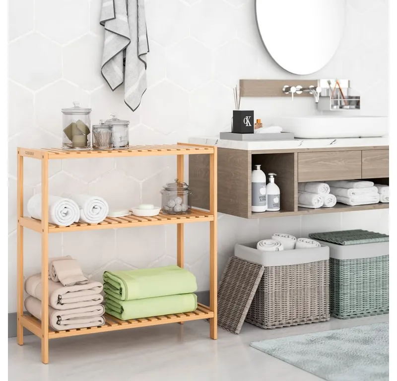 Casaria® Casaria® Standregal, Regal Stehend Holz 3 Ablagen 30kg Belastbar Schmal Küche Klarlack, Braun, – Produktbild 2 von 5