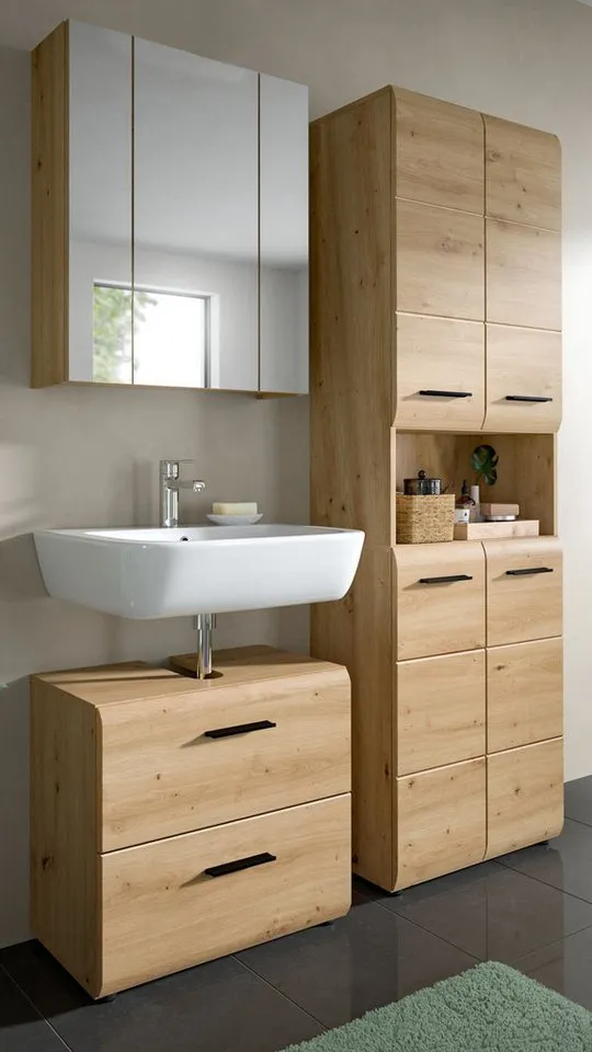Inn.Furn Hochschrank Cover (Badschrank in Eiche Artisan, 4-türig, 60 x 185 cm) mit viel Stauraum, Beige, – Produktbild 1 von 5