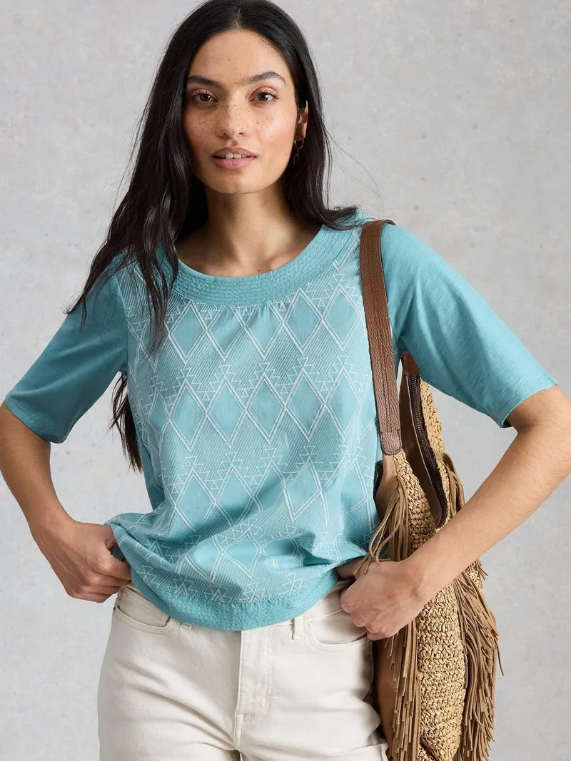 White Stuff Besticktes Top Weaver - 42, Blaugrün multi, – Produktbild 1 von 4
