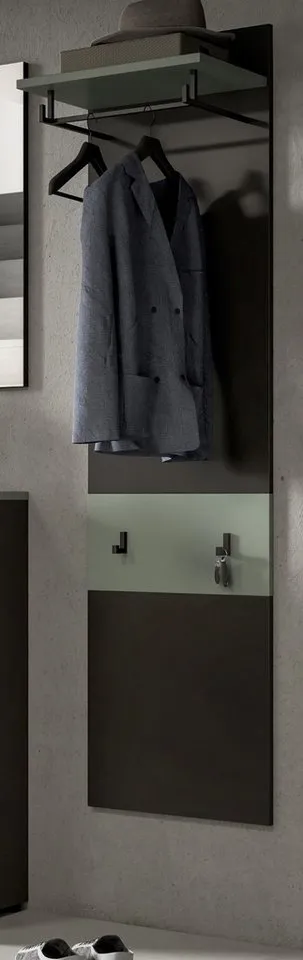 Inn.Furn Garderobenpaneel Cooper (Wandgarderobe in Basalt Grau mit Salbei Grün, 45 x 165 cm), mit Ablage, Kleiderstange und 4 Kleiderhaken, Grau, – Produktbild 2 von 5