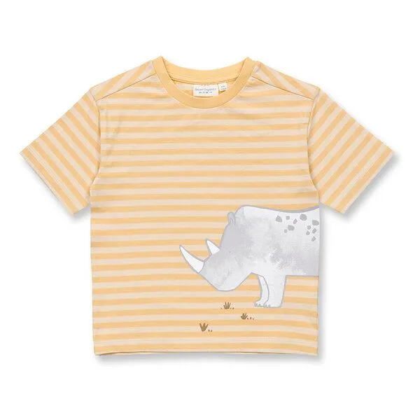 Sense Organics Sense Organics Kinder T-Shirt, Modell ANTON, Butterblumengelb-weiß geringelt mit nashorn, – Produktbild 1 von 4
