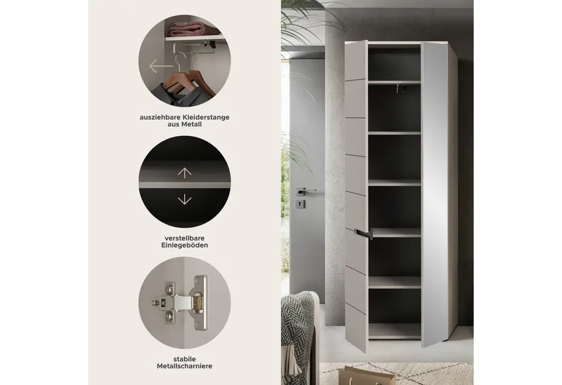 Home affaire Garderobenschrank REHAT, TOPSELLER!, Höhe 190cm, 2 Türen, 6 Fächer, 1 Kleiderstange (1-St., in verschiedenen Farben erhältlich) Garderobe, Flurschrank, Dielenschrank, Kleiderschrank, Garderobenmöbel, Beige, – Produktbild 4 von 5
