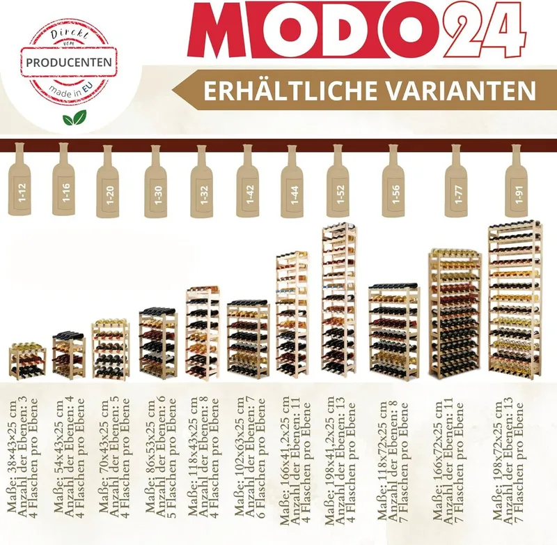 Modo24 Weinregal Flaschenregal Holzregal Flaschenständer Varianten 12 bis 91 Flaschen, RW1 Getränkeregal, 3 Farben, FSC Holz Nachhaltig, Beige, – Produktbild 5 von 5
