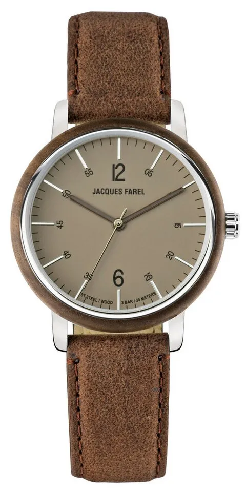 Jacques Farel Quarzuhr ORW1002 Damen Armbanduhr Stahlgehäuse Holzring Lederband 3 bar, Analog Dunkelbraun Grau Holzuhr Geschenk Frauen Ø38 mm – Produktbild 2 von 3