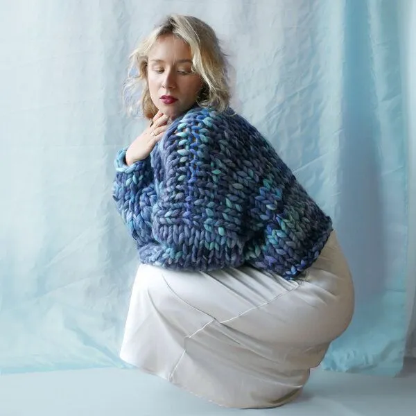 PANAPUFA PANAPUFA 100% Merino Chunky wolle Strickjacke, Melange blau, – Produktbild 2 von 4