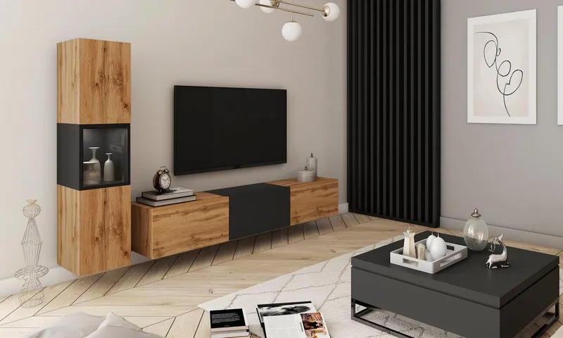 Home affaire Wohnwand BERLIN I, Vitrine Türschlag links/rechts wechselbar, (Komplett-Set, 2-St), moderne grifflose Mediawand Breite 220 cm, Vitrine mit Verglasung, Schwarz, – Produktbild 5 von 6