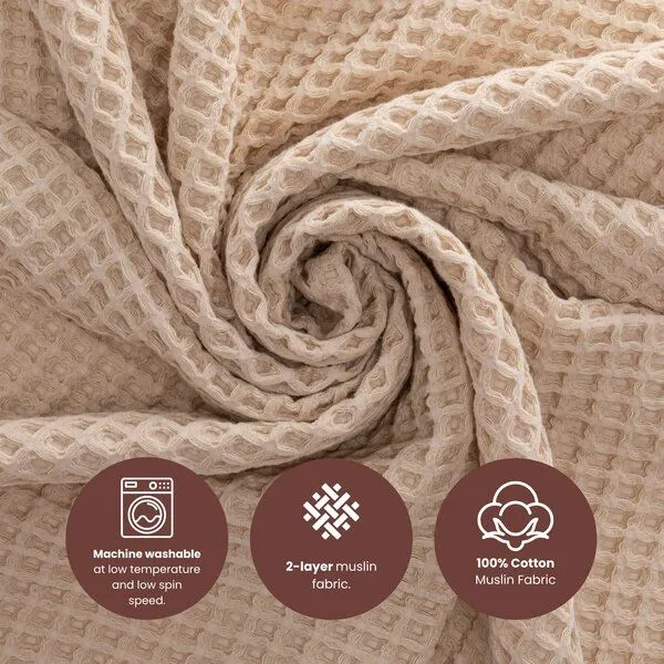 Bebekevi Bebekevi Babydecke Waffel-Musselin 85 × 105 cm | 100 % Baumwolle | 2-lagig | mit Fransen, Beige, – Produktbild 2 von 3