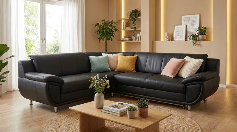 TRENDMANUFAKTUR Ecksofa Rondo 267 cm, elegant, bequem, Breite, L-Form, Chromfüße, L-Form, wahlw.mit Federkern, Füße chromfarben, Unser Dauertiefpreis, Schwarz, – Produktbild 7 von 8