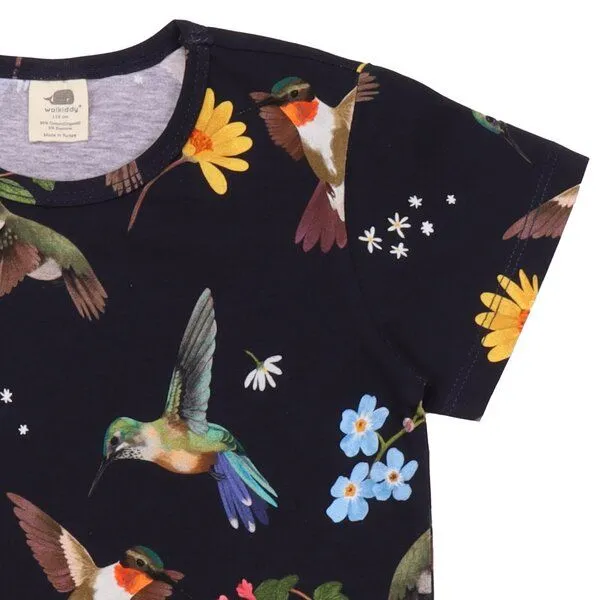 Walkiddy Walkiddy Kinder T-Shirt aus Bio-Baumwolle schwarz mit Kolibri- und Blumen-Motiv, Blau, – Produktbild 3 von 3