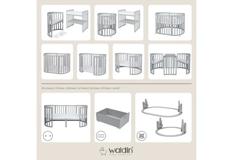 Waldin Waldin Babybett Oval 7in1 mitwachsend, Beistellbett, Matratze, Rollen, Grau, – Produktbild 1 von 5