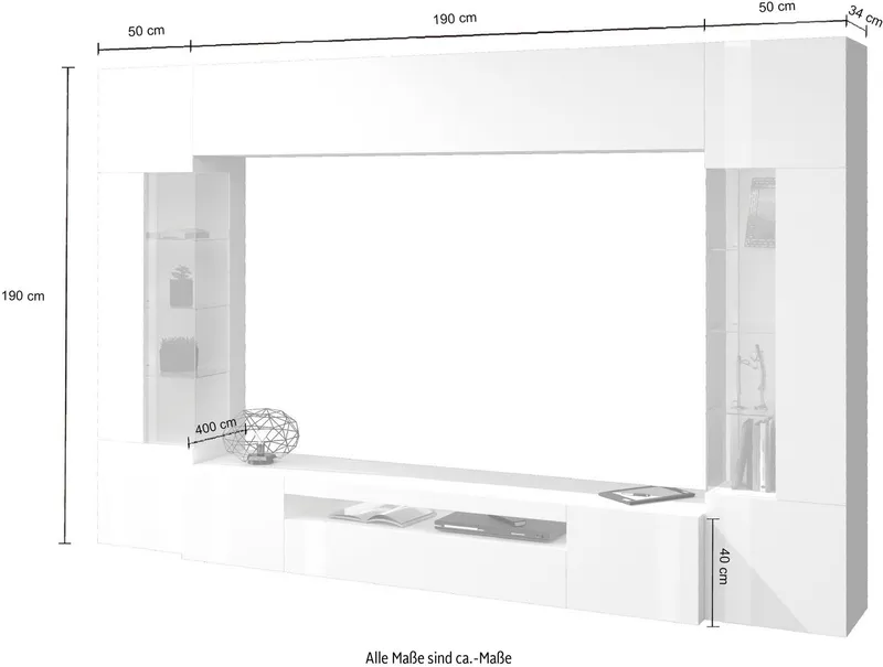 OTTO home Wohnwand New Egypt, (4-St., Breite 290cm), bestehend aus 2 Stauraumvitrinen, 1 Lowboard, 1 Hängeschrank, Weiß, – Produktbild 5 von 5