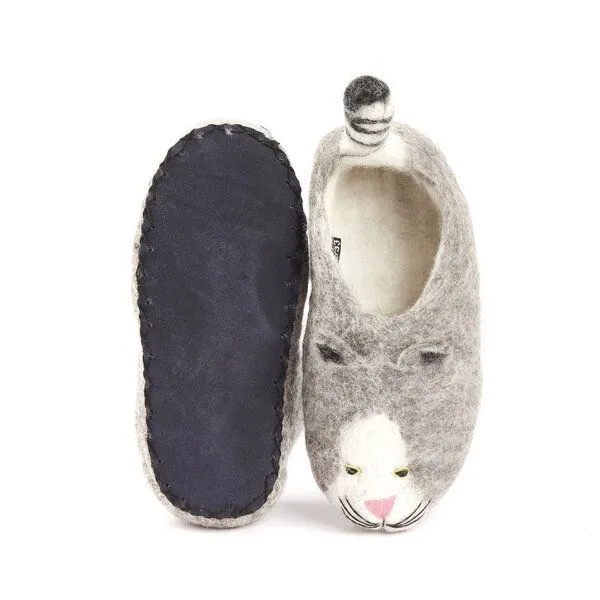 short'n'pietz short'n'pietz Hausschuhe Katze handgefilzt für Babies und Kinder, Grau weiss, – Produktbild 3 von 4