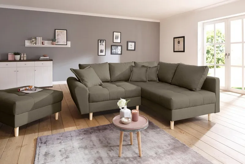 Home affaire Ecksofa Rice L-Form, B: 223 cm - OTTO. Verlässliche Qualität., Set: Sofa & Hocker, 3 Zierkissen, Federkern, Braun, – Produktbild 6 von 8