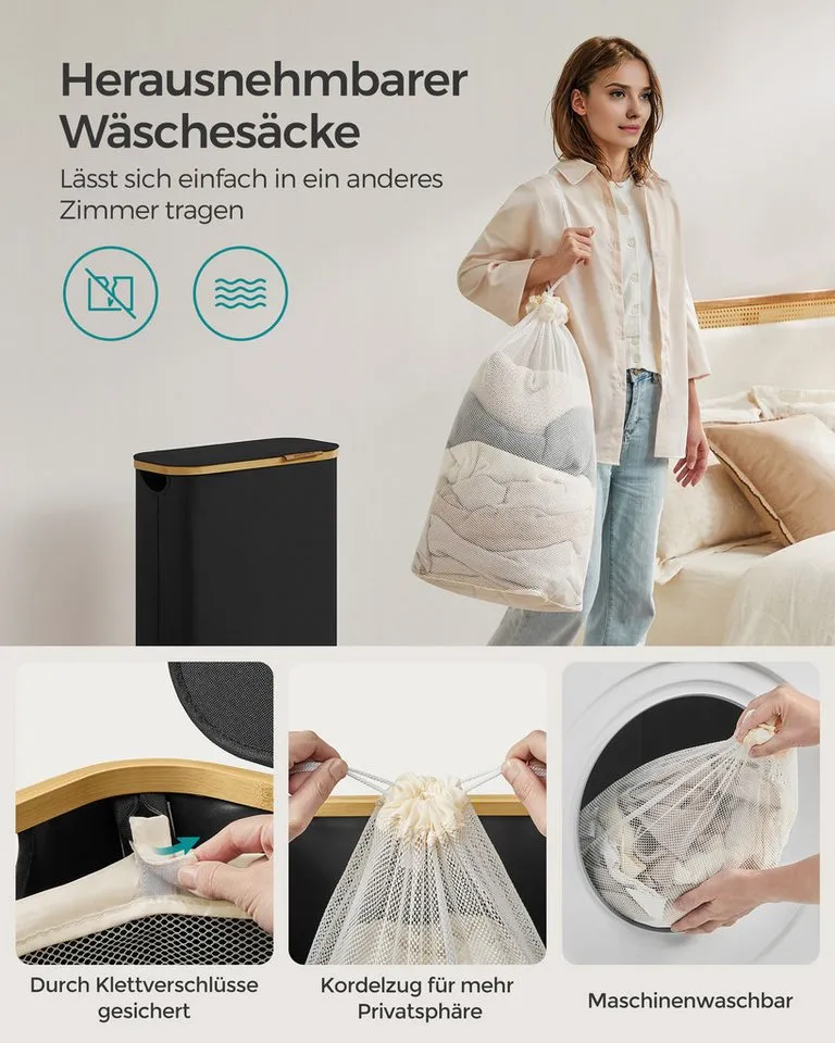 SONGMICS SONGMICS Wäschekorb mit Deckel, herausnehmbarer Einsatz, Bambus‑Rahmen, Oxford‑Gewebe, 65 L, 42 x 22,5 x 70,5 cm, mit Deckel, platzsparend, Griffe aus Bambus, Schwarz, – Produktbild 5 von 5