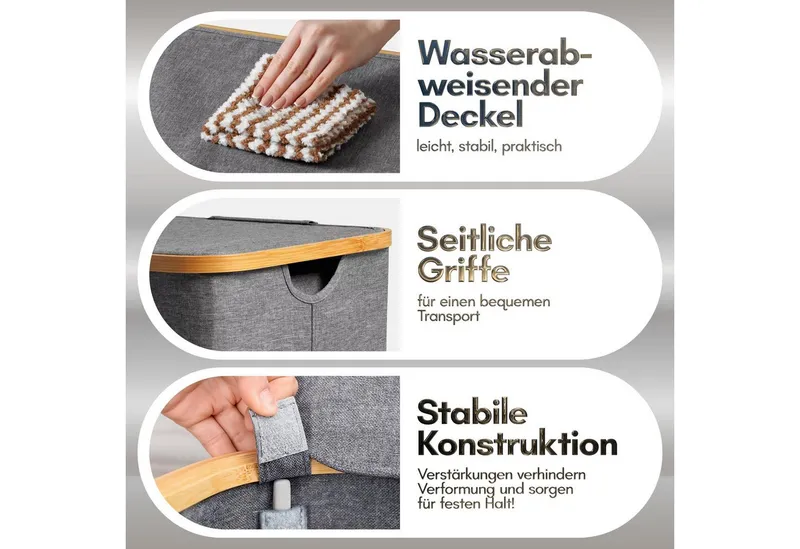 Björn&Schiller Wäschekorb Wäschesammler mit Deckel Oxford-Gewebe, robust und leicht, mit 2 Fächern, 100 L ideal für Badezimmer, Grau, – Produktbild 4 von 5