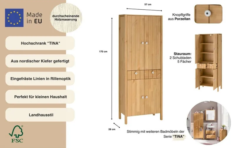 Home affaire Hochschrank Tina Badmöbel, Schrank, Breite 57 cm, Massivholz, FSC®, Braun, – Produktbild 1 von 5
