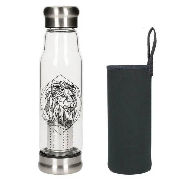 elasto elasto Glasflasche mit Teeeinsatz - Neoprenhülle und Motiv 0,5 l, Löwe, – Produktbild 1 von 4