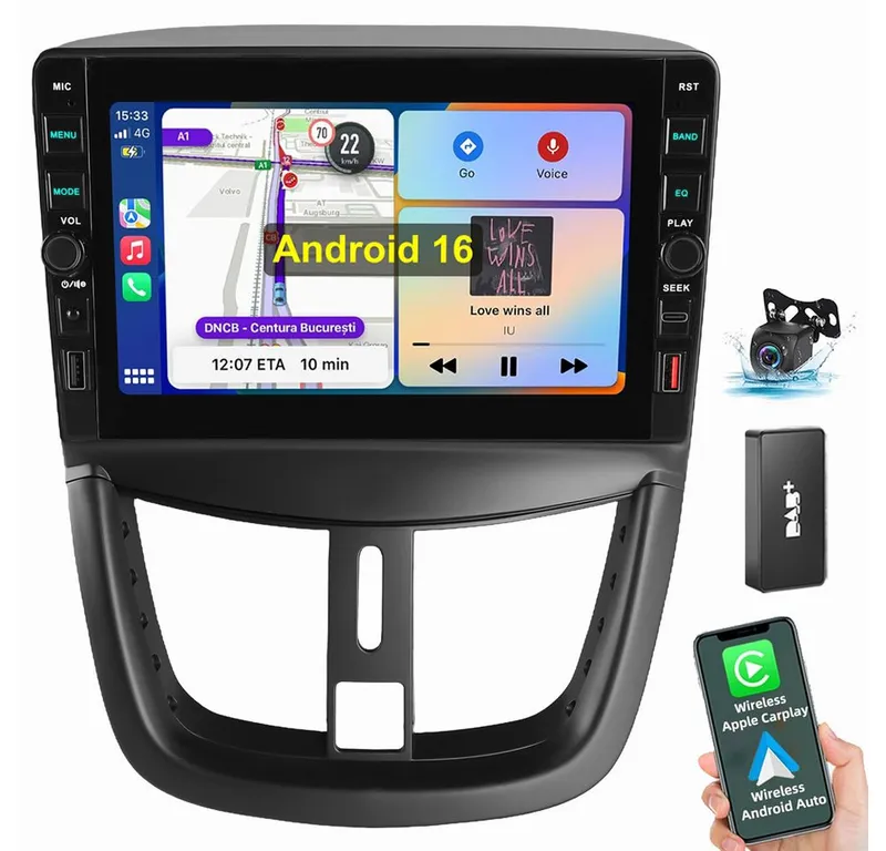 ESSGOO Für Peugeot 207 CC Carplay Navi WiFi Bluetooth Autoradio (RDS, Digitalradio (DAB), FM), Schwarz, – Produktbild 1 von 5