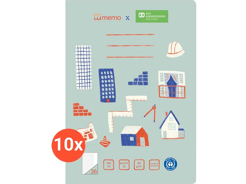 Memo 10 er Pack memo x SOS-Kinderdörfer weltweit Schulheft DIN A4, 16 Blatt, Lin. 26 – Produktbild 1 von 1