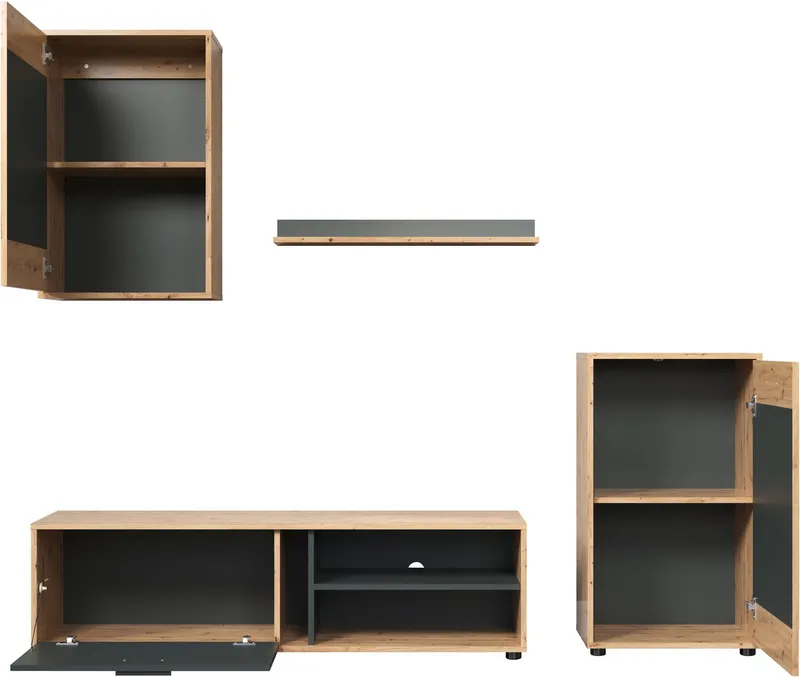 OTTO home Wohnwand Valetta inkl. TV-Kommode, Hänge-Vitrine, Sideboard und Wandregal, (Komplett-Set, 4-St., 4), inkl. Lowboard, Hängeschrank, Wandboard und Highboard, Braun, – Produktbild 5 von 5