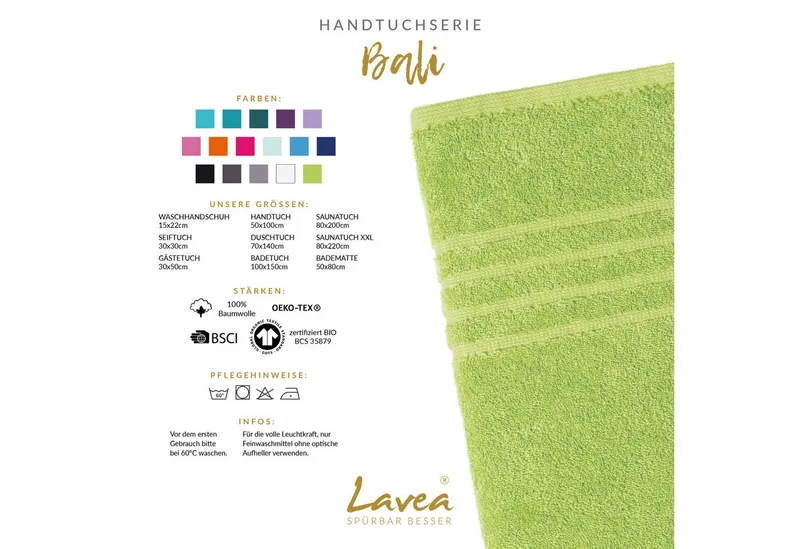 Lavea Badetuch Bali Duschtuch 100x150 cm Duschtuch 70x140 cm, Weiches Bio-Baumwollfrottee (1-St), Handtuch, GOTS-zertifiziert, extra saugstark mit 500g/m², Grün, – Produktbild 3 von 6