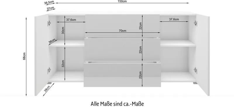 Home affaire Sideboard BERLIN, Moderne grifflose Kommode Breite 150 cm, 4 Schubkästen/ 2 Türen, Schwarz, – Produktbild 5 von 5