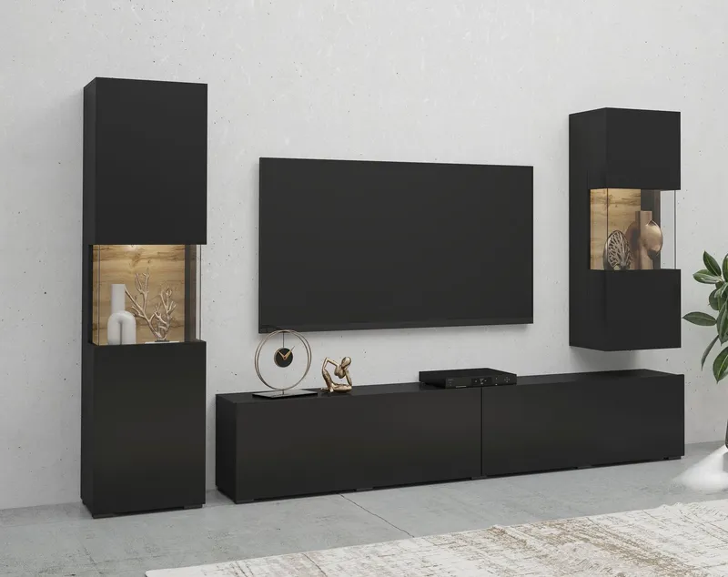 Home affaire Wohnwand Ava, Wohnzimmer-Set hängend/stehend montierbar, Vitrine, Lowboard, 3-tlg., Schwarz, – Produktbild 4 von 4