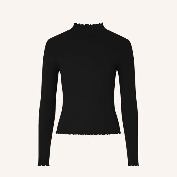 NORDLICHT NORDLICHT Geripptes Langarmshirt Lica mit kurzem Stehkragen, Schwarz, – Produktbild 1 von 3