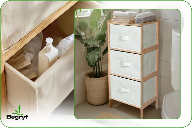 BEGRYF Badregal Bambusregal mit 3 Stoffschubladen Natur Beige 37 x 35 x 79 cm, Beige, – Produktbild 4 von 5